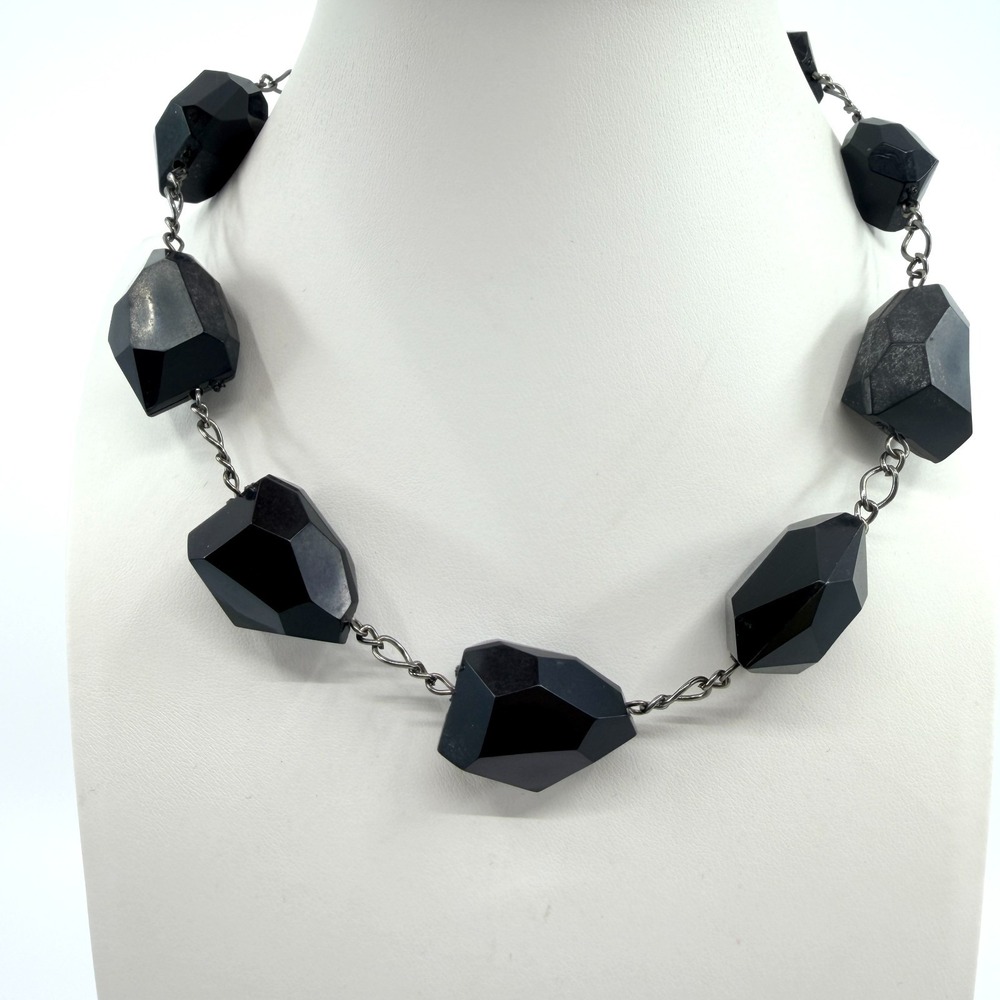 VTG Gunmetal Black Onyx Chunky Nugget Bead Statement Necklace